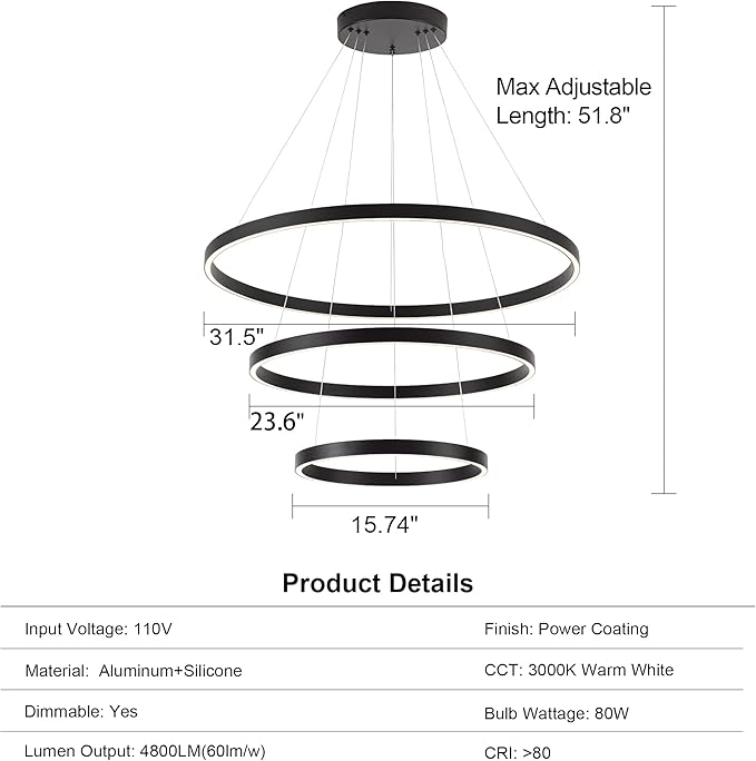 Modern Pendant Chandelier, 15.7"-31.4" Black, 3000K High Ceiling Foyer Entryway Light