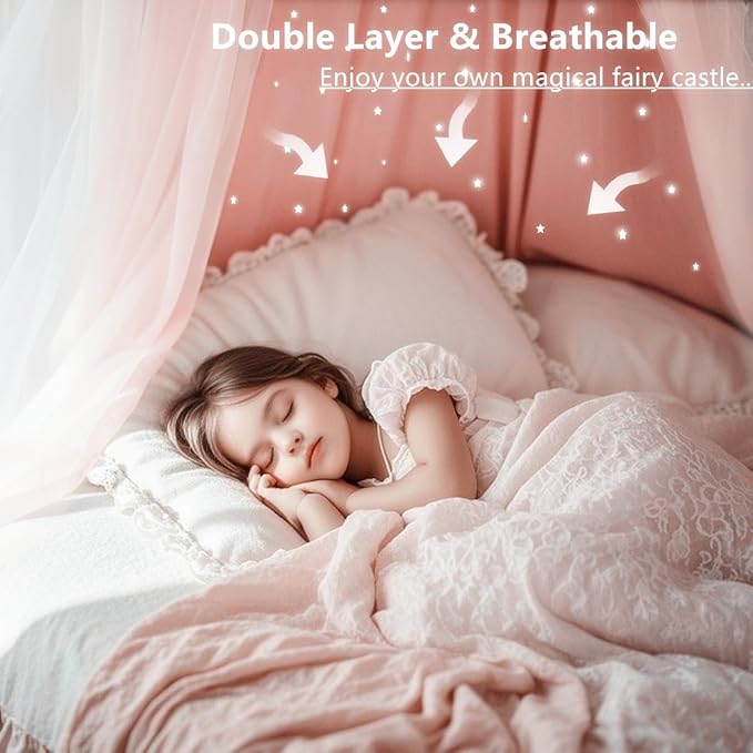 Eimilaly Princess Bed Canopy for Girls, Double Layer Canopy with Cutout Stars, Breathable Dream Canopy & Washable Pink Fabric, Fits Twin/Full Bed - Fairy Bed Tent for Kids Room Decor, Pink