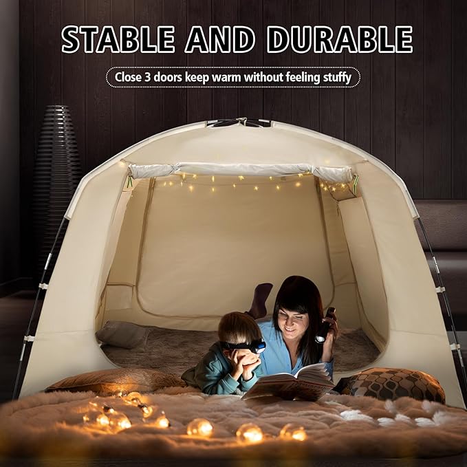 Bed Tent Bed Canopy Breathable 100% for Adult and Kids Light Reduction Sleeping Dream Tents Indoor Portable Big Space with String Light 4 Doors Twin Full Queen King Size