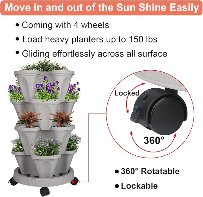 Vertical Planter 4 Tier Stackable Planters Garden Planters Strawberry Herb Flower and Vegetable Planter Indoor Outdoor Gardening Pots with Removable Wheels and Tools 2-Pack