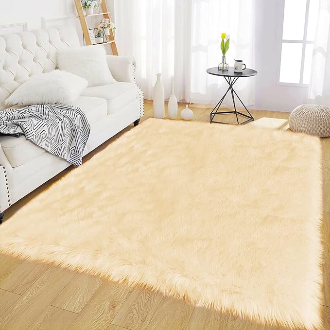 Latepis Boho Area Rugs 5x7 Plush Yellow Fluffy Rugs Shag Washable Faux Fur Fuzzy Rug for Living Room Bedroom Soft Throw Rug Room Decor Rectangle