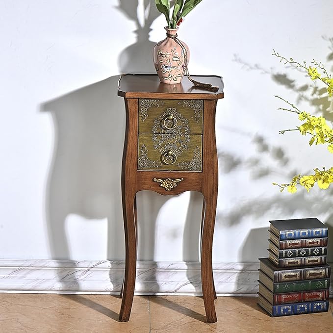 Solid Wood Side Table, Vintage Coffee Tables w/2 Drawer, 30" H Accent Rustic End Table for Living Room Bedroo (Vintage Painted)