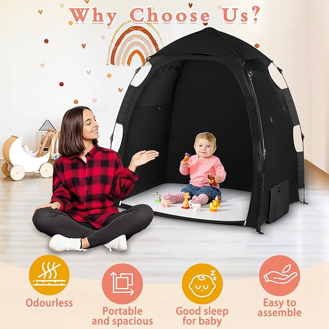 Blackout Tent for Pack and Play - Pack N Play Blackout Cover - 1-Click Setup Portable Sleep Pod with Monitor Pouch & 2 Fan Pouch, Black Out Tent Blocks 95% Light