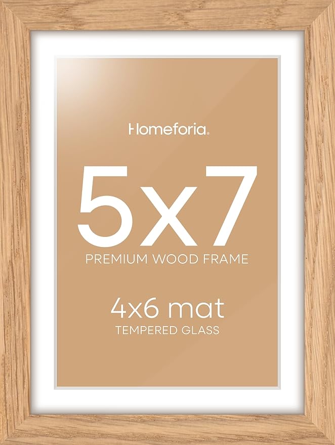 Homeforia 5x7 Picture Frame Wood, High End Natural Oak 5x7 Light Wooden Frames with Mat 4x6 for Photo, 5 x 7 Frame Matted to 4 x 6 Print, 7x5 Wall or Tabletop Frame, Tempered Glass, Wall Kit, Set of 1