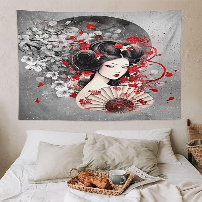 Japanese Geisha Tapestry Asian Red Cherry Blossom Red Sun Traditional Kimono Folk Tapestries Home Decor for Living Room Bedroom Apartment Farmhouse Dorm 90"x60"