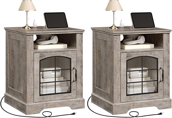 HOOBRO Farmhouse Nightstand Set of 2, with Charging Station, 17.7" Wide Rustic End Tables for Living Room, Wooden Sofa Side Table with Tempered Glass Barn Door and Open Shelf, Greige