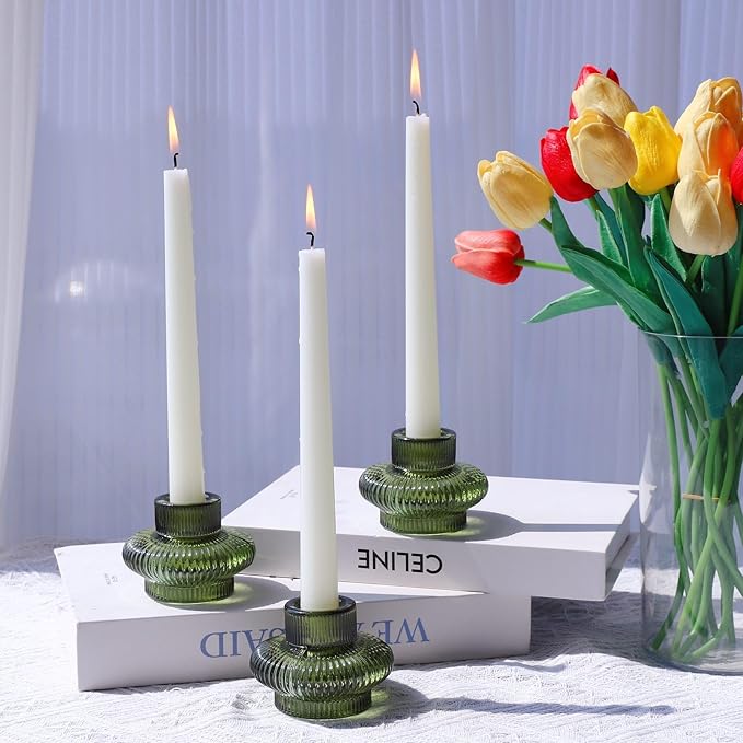 VOHO Green Candle Holder Decor for Dining Table Centerpiece, Ribbed Taper Candle Holders Versatile for Candle Sticks and Tea Lights Candles, Holiday Candlestick Holders Gifts for Friends(Set of 6)