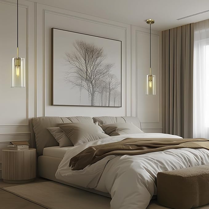 Modern Brass Pendant Lights Kitchen Island 2 Pack Glass Pendant Light Fixtures, 9.5'' Farmhouse Gold Pendant Light Kitchen Pendant Lighting Over Island for Sink, Bathroom, Bar,Dining Room