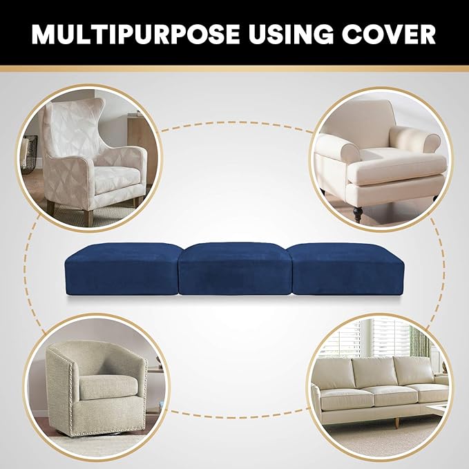PrinceDeco Couch Cushion Covers, Stretch Washable Sofa Cushion Cover, Fitted Sofa Slipcover Velvet Fabric Non-Slip Furniture Protector for Dog,Pets, Kid (Each Width Up to 29.5", Navy)