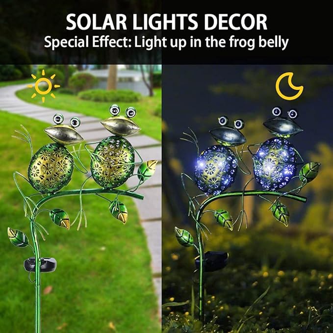 Afirst Solar Lights Outdoor Decorative Metal Sitting Frogs Hollow Out White LED Metal Waterproof Garden Stake Lights for Walkway Pathway Lawn Patio Yard Decorations
