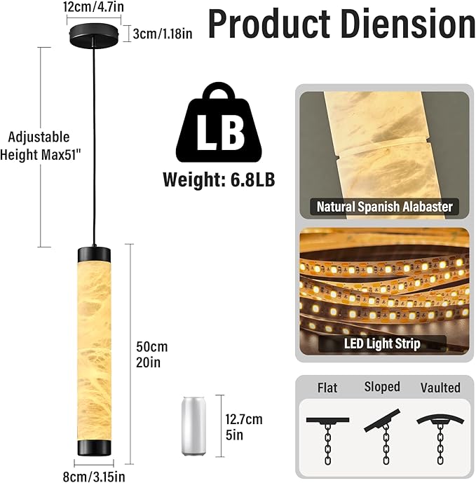 20" Alabaster Pendant Lights, Natural Marble Cylinder Black Pendant Light, Adjustable Modern Ceiling Light Fixtures for Kitchen Island, Dining Room, Bedroom, Living Room, Bathroom