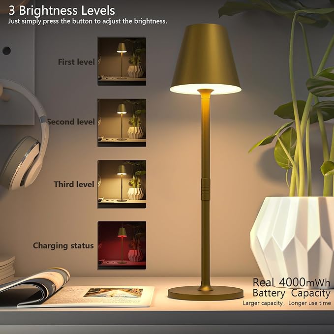 LED CordlessTable Lamp,4000mAh Rechargeable Battery Desk lamp,3 Level Brightness Portable Night Light, Minimalist Design, for Couple Dinner/Coffee Table/Restaurant/Bedroom(Bronze)