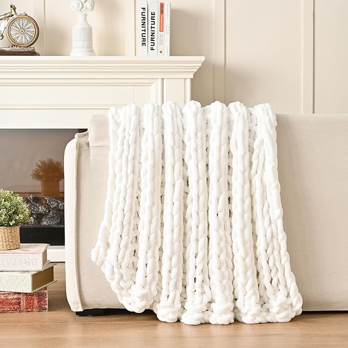 Esterra Chunky Knit Blanket Throw, 100% Handmade Chenille Throw Blanket 60"x80", Soft Thick Yarn Cable Knit Crochet Throw Blanket Rope Knot Throw for Couch Bed Sofa, Bright White