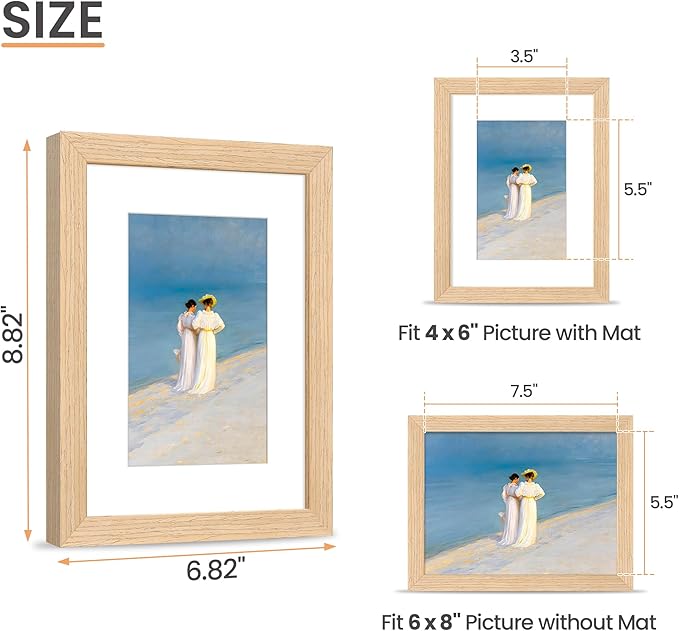 upsimples 6x8 Picture Frame, Natural Solid Wooden Picture Frames, Display 4x6 with Mat or 6 x 8 Without Mat, Wall or Tabletop, 1 Pack, Natural