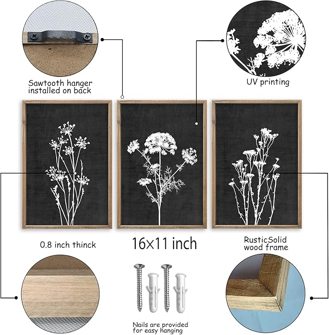 Flower Plant Wall Art Decor 16"x11" Set of 3 Black And White Botanical Painting Wood Framed For Minimalist Bedroom Office Rustic Living Room Abstract Wildflower Sign Hanging (Wood Black)