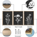 Flower Plant Wall Art Decor 16"x11" Set of 3 Black And White Botanical Painting Wood Framed For Minimalist Bedroom Office Rustic Living Room Abstract Wildflower Sign Hanging (Wood Black)