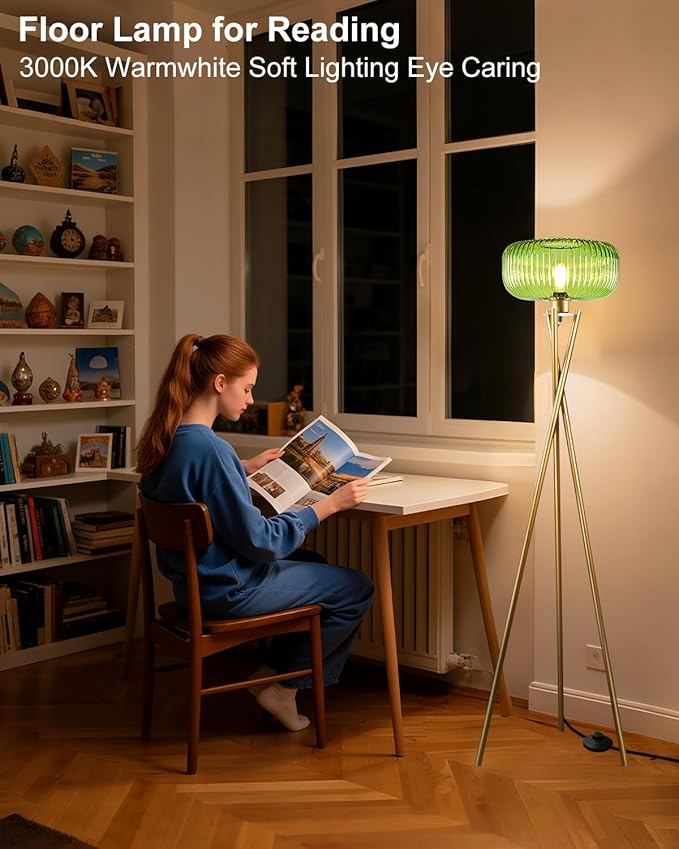Lightdot Glass Tripod Floor Lamp for Living Room, Modern Gold Standing Lamp with Green Ribbed Glass Lampshade, Arc Tall Lamp for Bedroom Office Reading Room, (LED Bulb Included)