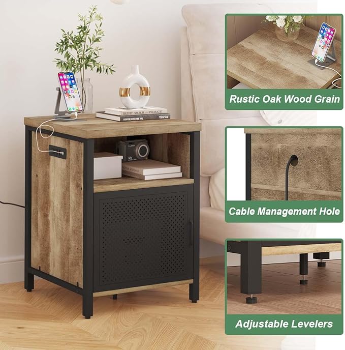 FATORRI End Table with Storage, Rustic Side Table for Living Room, Narrow Wood and Metal Bedside Tables with Door (Rustic Oak)