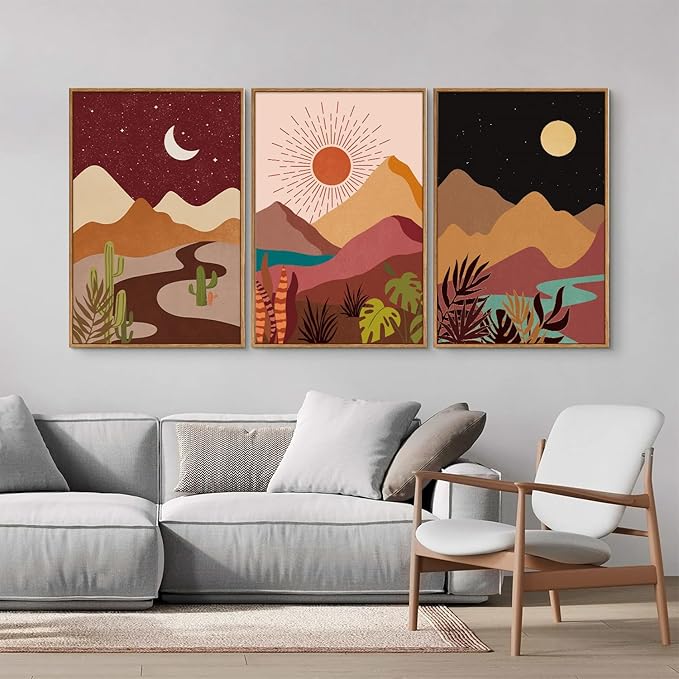 SIGNINART Boho Desert Framed Canvas Wall Art Set of 3, Colorful Sun and Moon Art Prints, Bohemian Modern Cactus Art Paintings, Southwestern Landscape Wall Decor for Living Room, Bedroom, Office 16"x24"