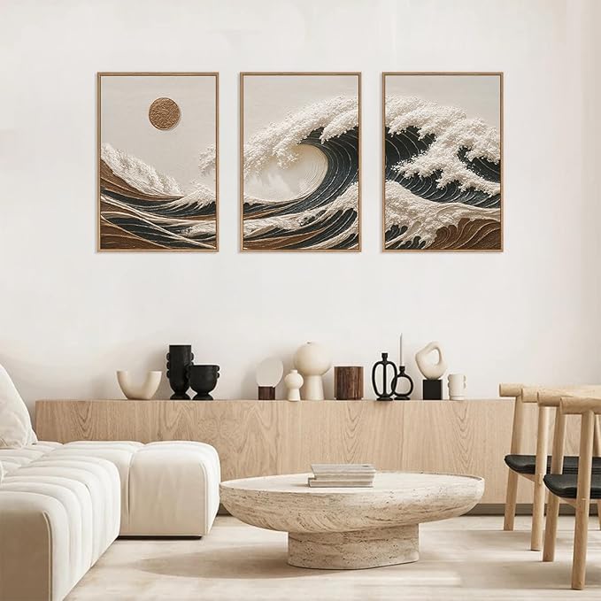 HLNIUC Sea Wave Framed Canvas Wall Art,Abstract Sun Seascape Wall Decor Set of 3(16”x24”) Large Modern Ocean Beach Art Print,Great Wave Sunset Pictures Canvas Famed Painting for Living Room,Bedroom
