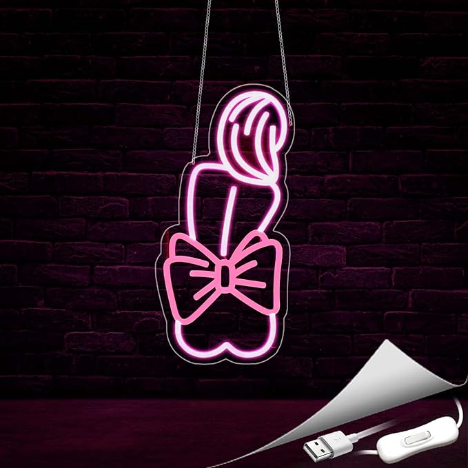 Bow Lady Neon Sign, Neon Signs for Wall Decor Neon Pink LED Signs Room Neon Light Up Signs Home Decor for Bedroom Club Party Bar Shop USB Operated