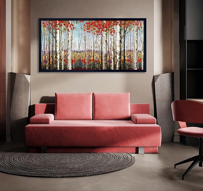 Large Framed Wall Art for Living Room Bedroom Modern Wall Decor of Red Leaves White Birch Tree Forest Giclee Painting Artwork Wall Decoration 29x58 Large Size Black Framed