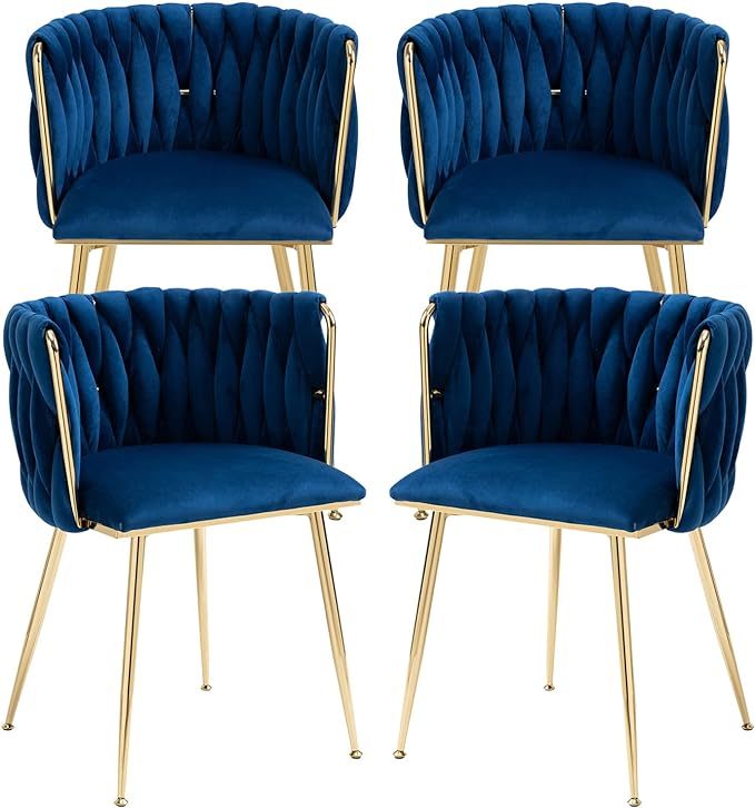 Nrizc Woven Dining Chairs Set of 4, Velvet Upholstered Dining Chairs with Gold Metal Legs, Modern Accent Chairs for Living Room, Dining Room, Kitchen (Blue)