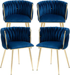 Nrizc Woven Dining Chairs Set of 4, Velvet Upholstered Dining Chairs with Gold Metal Legs, Modern Accent Chairs for Living Room, Dining Room, Kitchen (Blue)