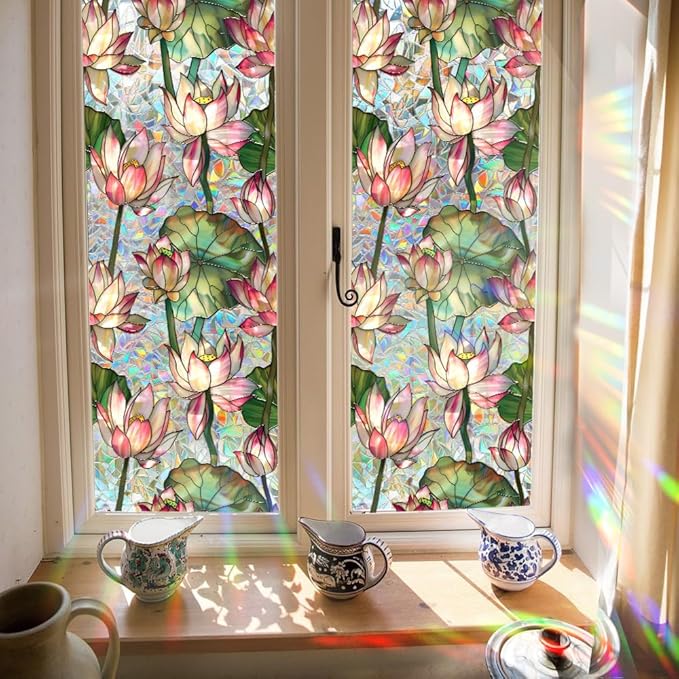 Window Film, Stain Lotus Flower Glass Film Rainbow Floral Static Glass Window Clings Stickers for Home Office Living Room Bedroom Windows Door Decor 16.93 x 39.37 Inches