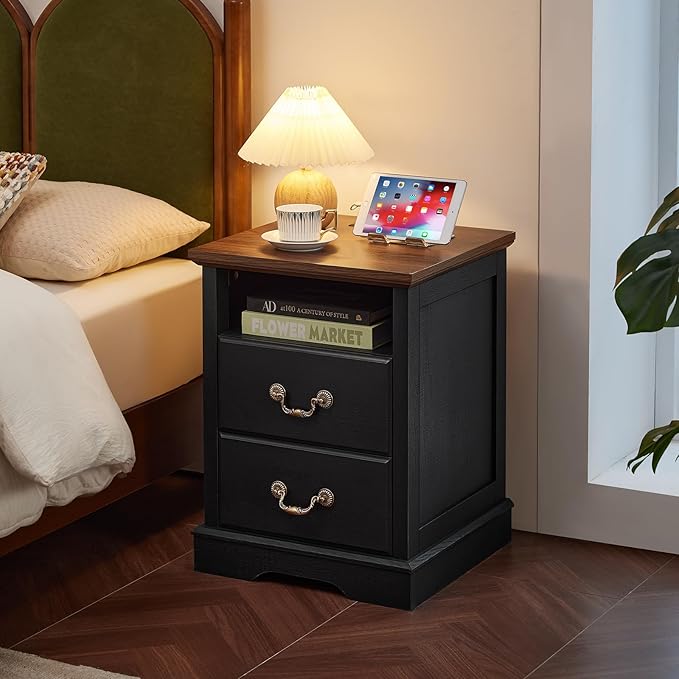 Farmhouse Nightstands with Charging Station，18" End Table with 2 Drawers，Farmhouse Nightstand with Vintage Handles, Bedside Cabinet for Bedroom for Bedroom, Living Room,Black