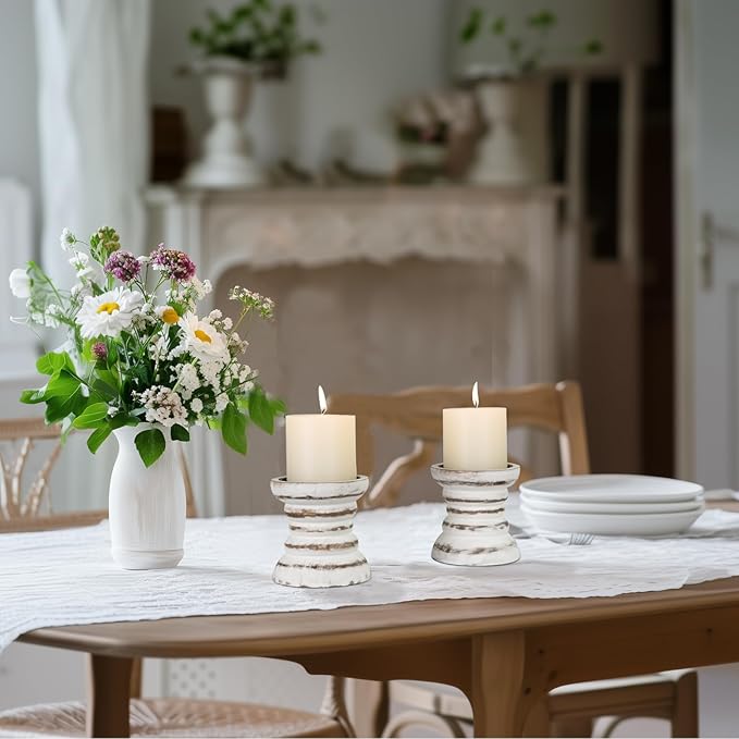 Candle Holder for Pillar Candle Set of 2, Farmhouse Wood Candle Holder, Rustic Wooden Candle Stand, Vintage Small Wooden Candlestick Holders for Living Room, Table Centerpiece, Rustic White