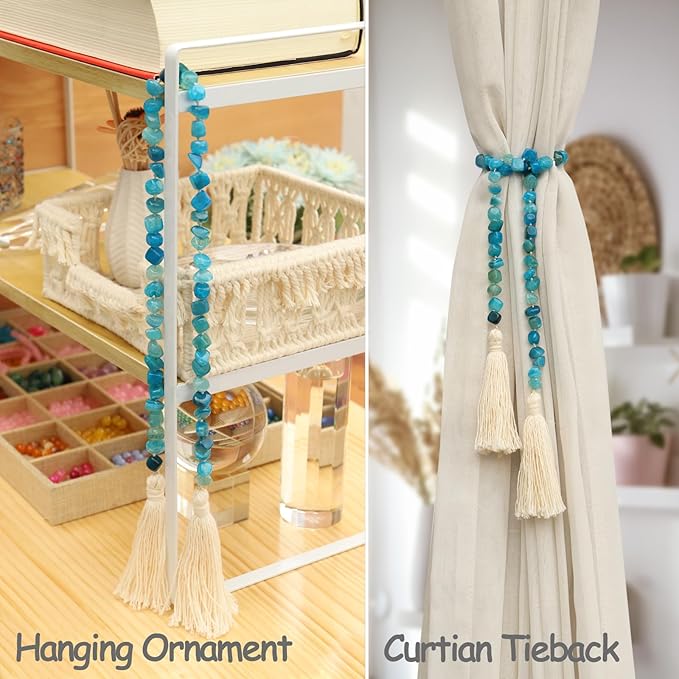 Agate Stone Hand Knotted Garland Modern Farmhouse Rustic Table Home Decor, 30inch Meditation Accessories with Tassel, Prayer Healing Beads Boho Wall Shelf Hanging Decoration (Sky Blue)