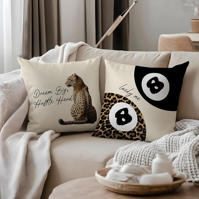 Trendy Lucky Girl 8 Ball Leopard Throw Pillow Covers 18x18, Cheetah Print Room Decor, Funky Y2K Leopard Print Motivational Decorative Pillow Covers for Girls Room Dorm Apartment Home, Set of 2