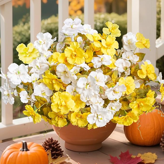 Fall Flowers Fake Flowers Mums for Outdoors Autumn Decoration, 6 Bundles Artificial Flowers Faux Silk Plants Realistic UV Resistant for Outside Planter Patio (Fall Yellow White)
