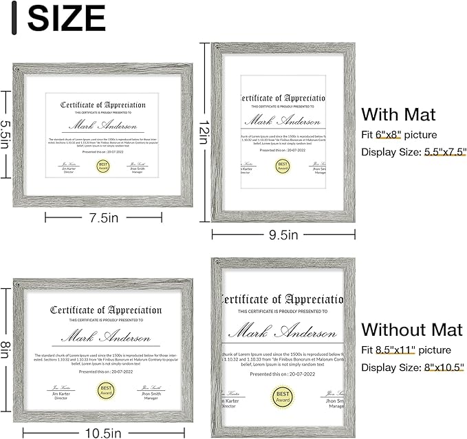 Vittanly 8.5x11 Picture Frames Set of 9, Shatter Resistant Plexiglass, Display 6x8 Pictures with Mat or 8.5x11 without Mat, Photo Frames for Wall or Tabletop, Engineered Wood, Grey