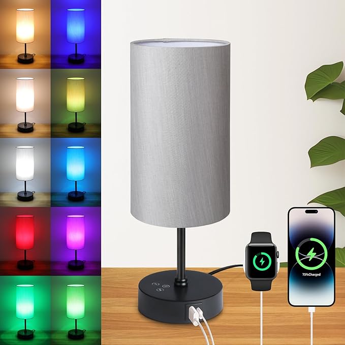 Ascher RGB Table Lamp Color Changing - 3 Color Temperatures and Stepless Dimmable Small Bedside Lamp for Bedroom, Touch Control Nightstand Light with Grey Shade for Reading Home Decor Lights