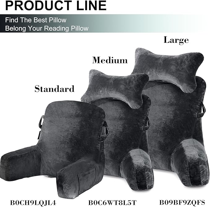 SLIGUY Reading Pillow Standard Bed Pillow for Sitting in Bed Couch or Floor-Backrest with Arms Support and Pockets, Adult Back Pillow Bed Chair for Bed Rest, Watching TV, Gaming, Dark Grey