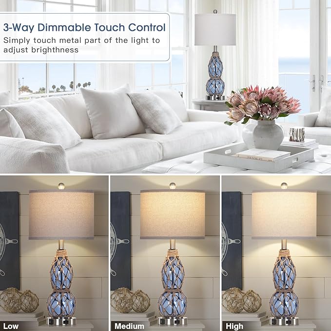 26" Coastal Glass Table Lamps Set of 2, 3-Way Dimmable Touch Lamps with USB Ports and AC Outlet, Nautical Bedside Lamps for Bedroom Living Room