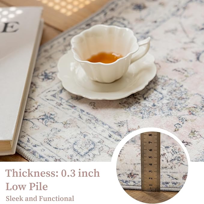 5'x7' Vintage Floral Rug - Persian Inspired Low-Pile Faux Wool Area Rug, Non-Slip Washable Rug for Bedroom, Nursery, Dorm, Soft Pink Boho Chic Decor