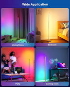 Aluminum Floor Lamp with Remote, Gold LED Corner Floor Lamp with Alexa, 3000K and RGB CCT Smart Corner Lamp with DIY Music Sync and 16 Million Colors, dimmable Standing Lamp for Bedroom Living Room