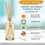 Urban Naturals Pumpkin Spice Reed Diffuser Set - Buttery Pumpkin with Jasmine, Cinnamon Leaf, Nutmeg and Vanilla - Made in The USA