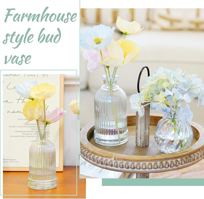 Bud Vases Set of 12, Iridescent Glass Vase for Decor Centerpieces, Small Vases for Flowers, Clear Irised Flower Vase Ribbed Modern Bud Vases in Bulk, Colorful Vases for Wedding Party Table Decoration