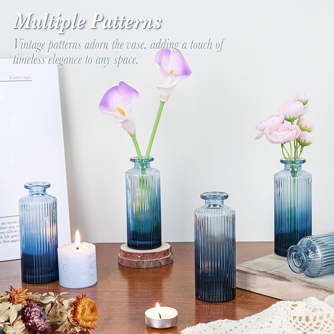 Navy Blue Glass Bud Vases Set of 12, Mini Ribbed Flower Vase for Centerpieces, Small Glass Vases in Bulk for Wedding Decorations, Vintage Vase for Table, Recepetion, Graduation, Home Décor