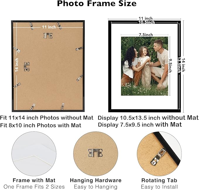 12 Packs 11x14 Picture Frames, Display 8x10 with Mat or 11x14 Without Mat, Black Gallery Wall Frame Set, 11 by 14 Frames Bulk Set of 12 Collage Wall Decor Photo Frames Set for Wall, Black