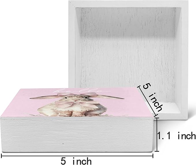 SRADMO Pink Coquette Bow Hello Bunny Wood Box Sign Desk Decor, Bunny Decorations, Easter Theme Wooden Block Box Sign Decoration for Home Office Shelf Table Decor
