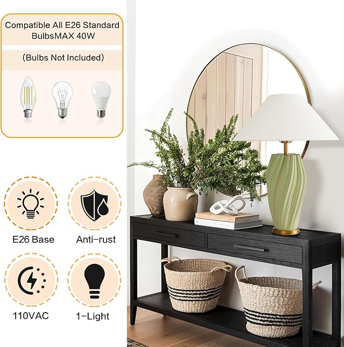 Modern E26 Ceramic Table Lamps 20.5", Sage Green Plug in Table Lamp Funky Decor for Living Room Desk End Bedroom Bedside Room Office