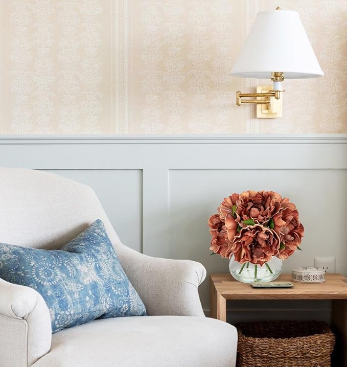 Hollyone Coffee Peonies with Vase Fall Flowers Artificial for Decoration Faux Flower Peony Fake Flowers Silk Flower Arrangements in Glass Vase with Faux Water Centerpiece Fall Decorations for Home