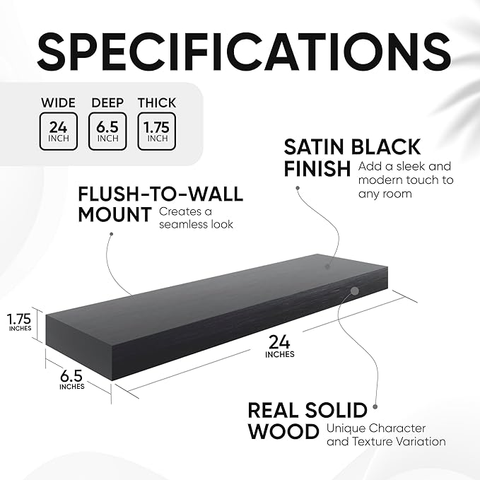 Homeforia Black Floating Shelves 24 inch, High End Solid Real Wood 24inch Bathroom Floating Shelf for Wall Mounted, Black Wooden 24in Floating Shelves, Heavy Duty Bracket, 24 X 6.5 X 1.75 in, Set of 2