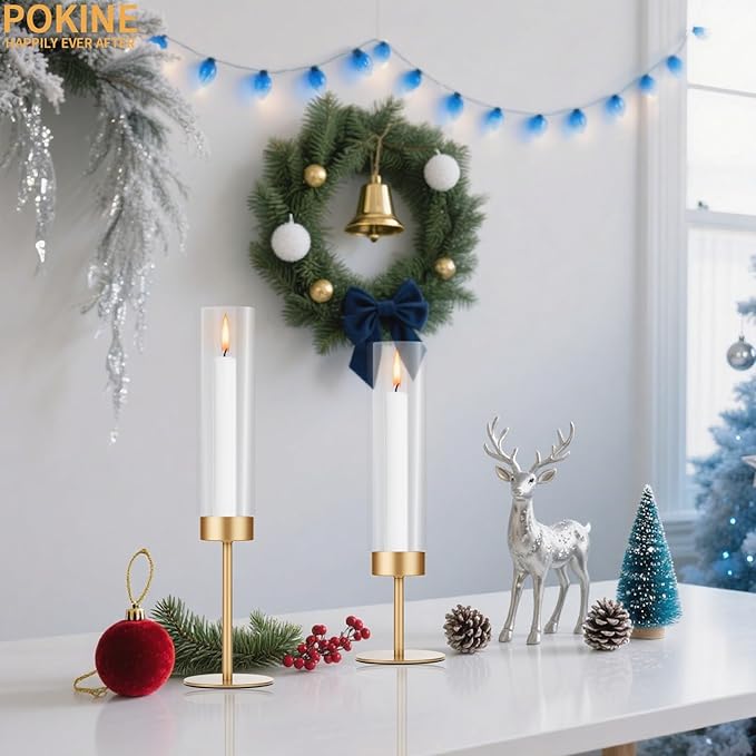 Gold Candle Holders Set of 6 for Glass Taper Candle Holders,Hurricane Candlestick Holder for Wedding, Dinning, Party Decorative, Home Decor, Anniversary，6 Brass