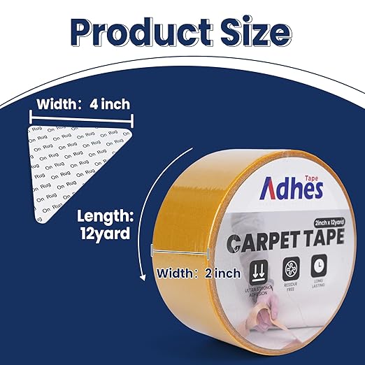 Adhes Double-Sided Carpet Tape, 2 Inch x 12 Yard Rug Tape with 8 Anti-Skid Pads, Heavy Duty Carpet Grip Tape for Hardwood Floors, Area Rugs, and Tile